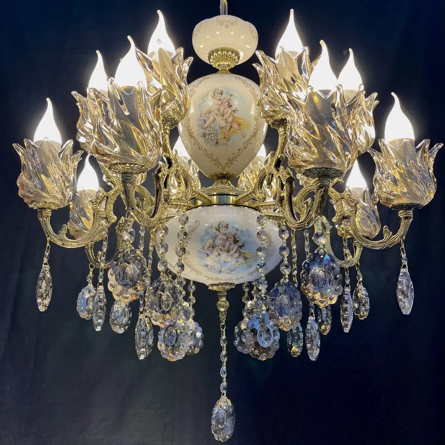 لوستر سرامیکی طرح لامپا پولکی تماما برنجی ۱۶شعله|لوستر و چراغ آویز|تهران, نعمت‌آباد|دیوار