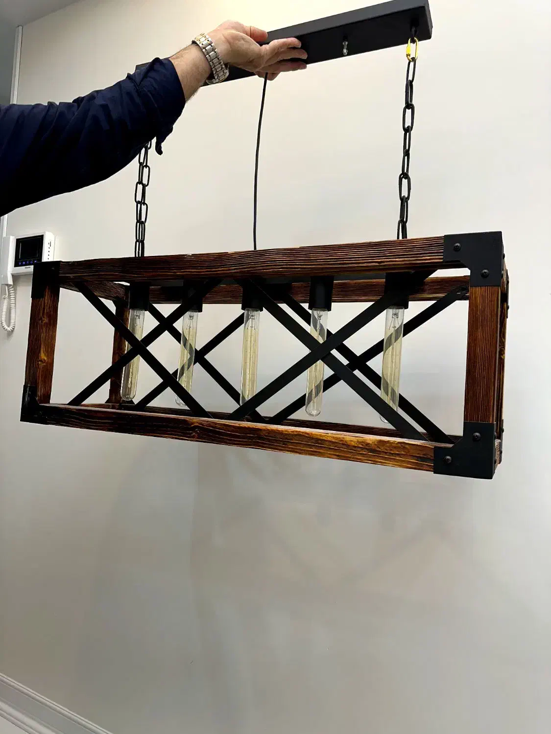 لوستر مدرن ترکیب چوب و فلز|لوستر و چراغ آویز|تبریز, |دیوار