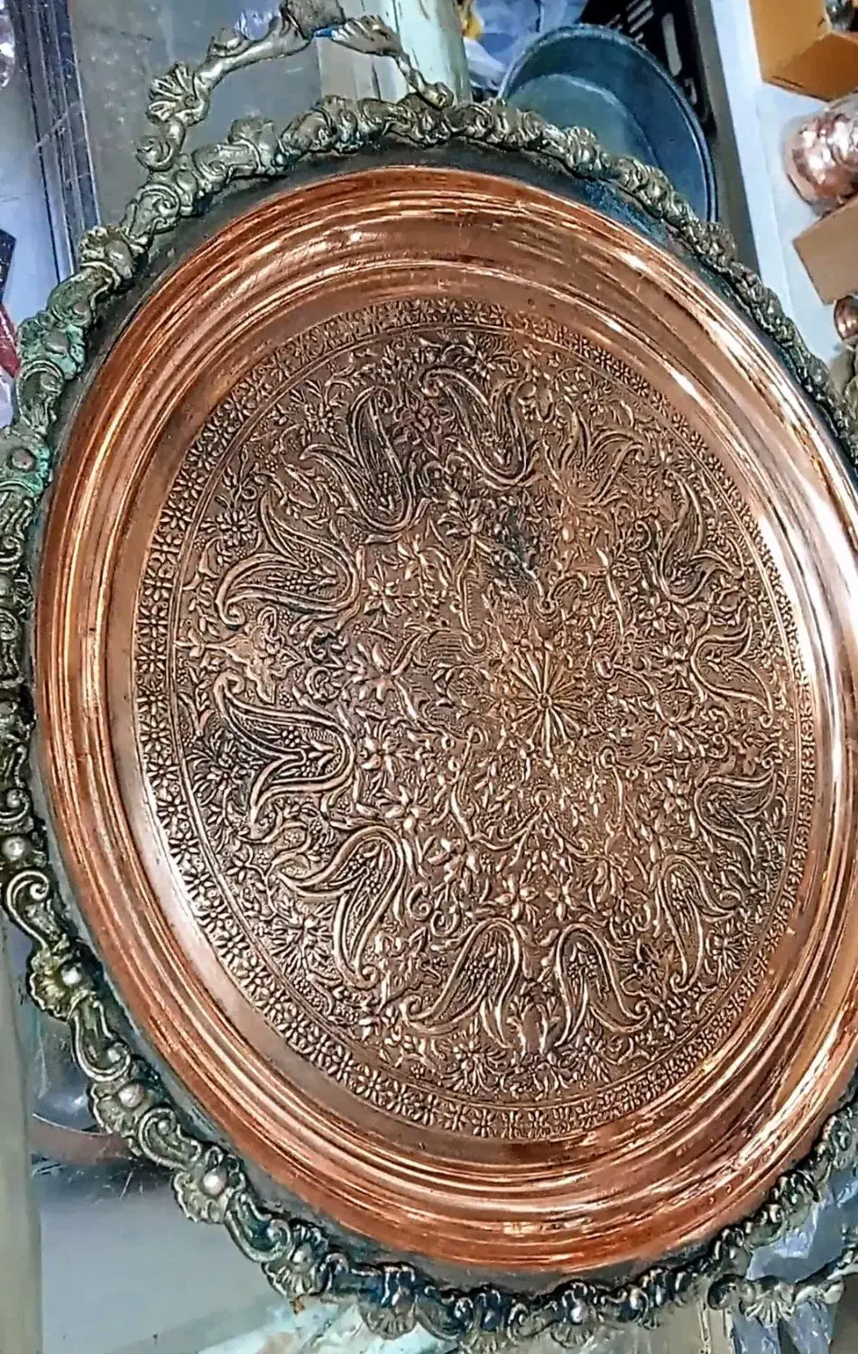 سینی مسی طرحدارکندکاری پهلوی قندان برنج قلم هخامنش|کلکسیون اشیاء عتیقه|زنجان, |دیوار