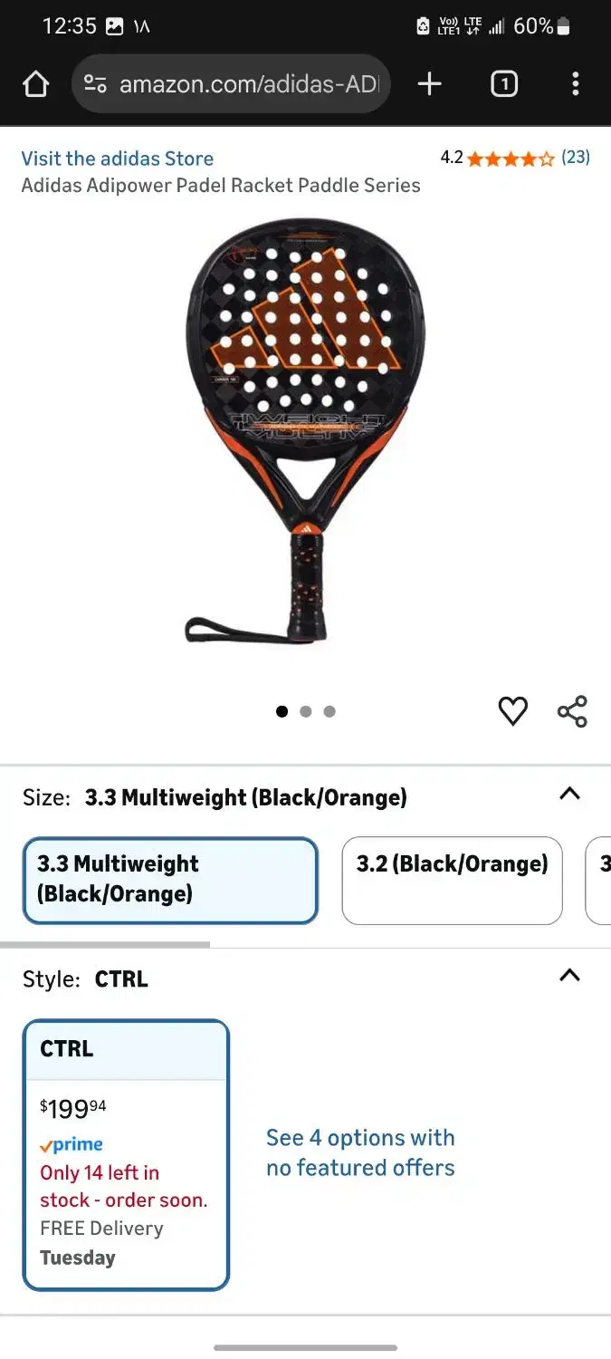 راکت پدل آدیداس Adipower|ورزش‌های توپی|اصفهان, چرخاب|دیوار