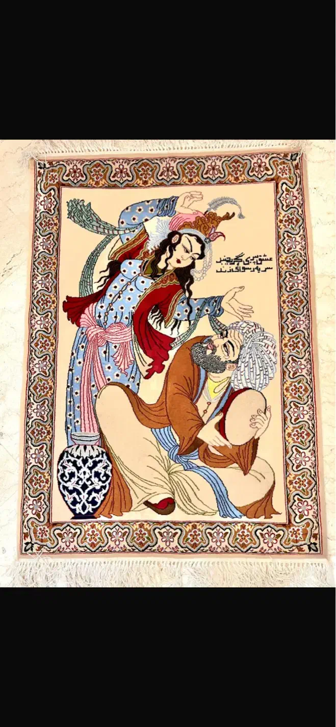 تابلو فرش دستباف قدیمی چله و قسمتی از زمینه ابریشم|تابلو فرش|اصفهان, ناژوان|دیوار