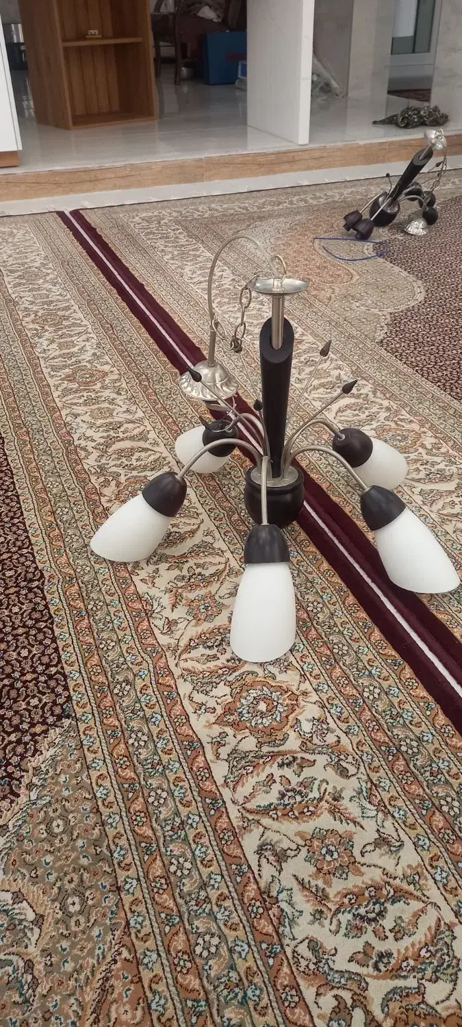 لوستر چوبی ۵ شاخه شیک|لوستر و چراغ آویز|شیراز, شیشهگری|دیوار