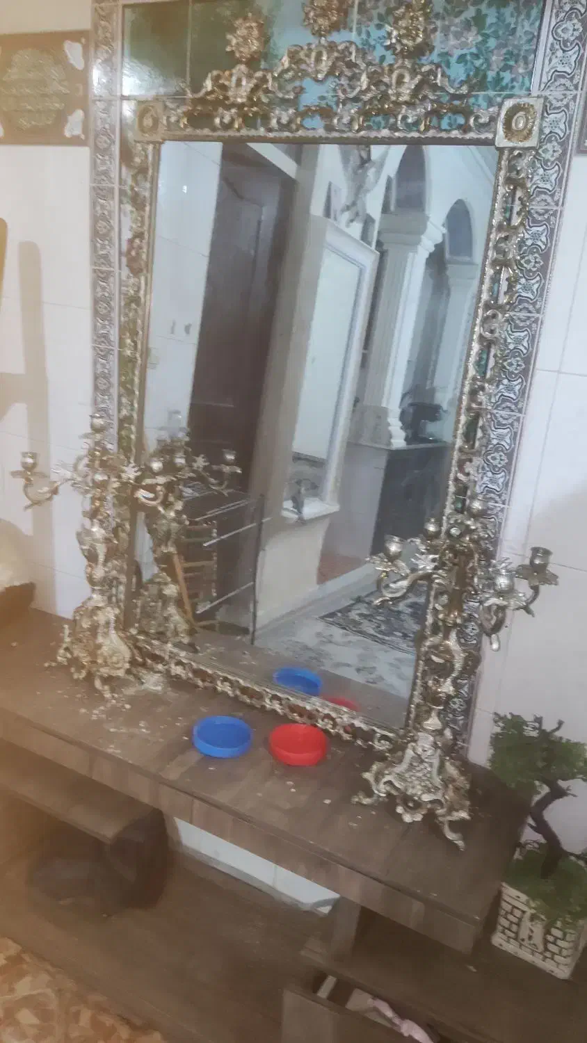 آینه شمعدان برنز روکش نقرع|صنایع دستی و سایر لوازم تزئینی|کرمانشاه, |دیوار