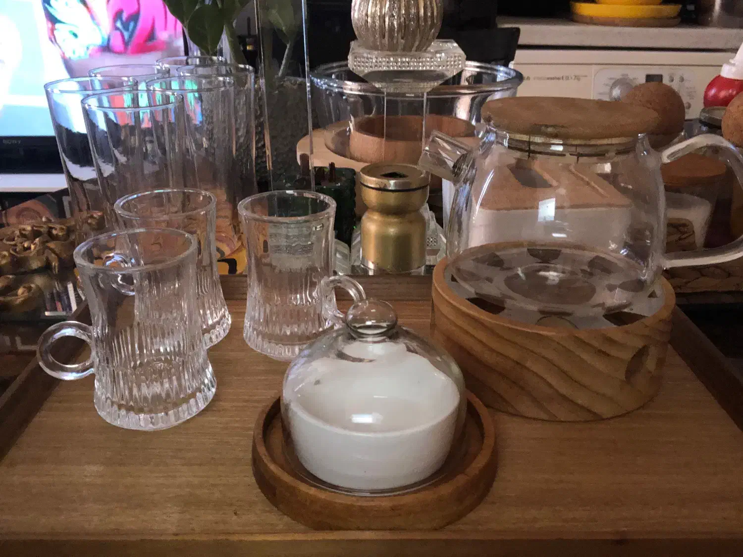 سرویس چایخوری سینی چوب و قوری وار چوب بامبو|ظروف سرو و پذیرایی|کیش, |دیوار