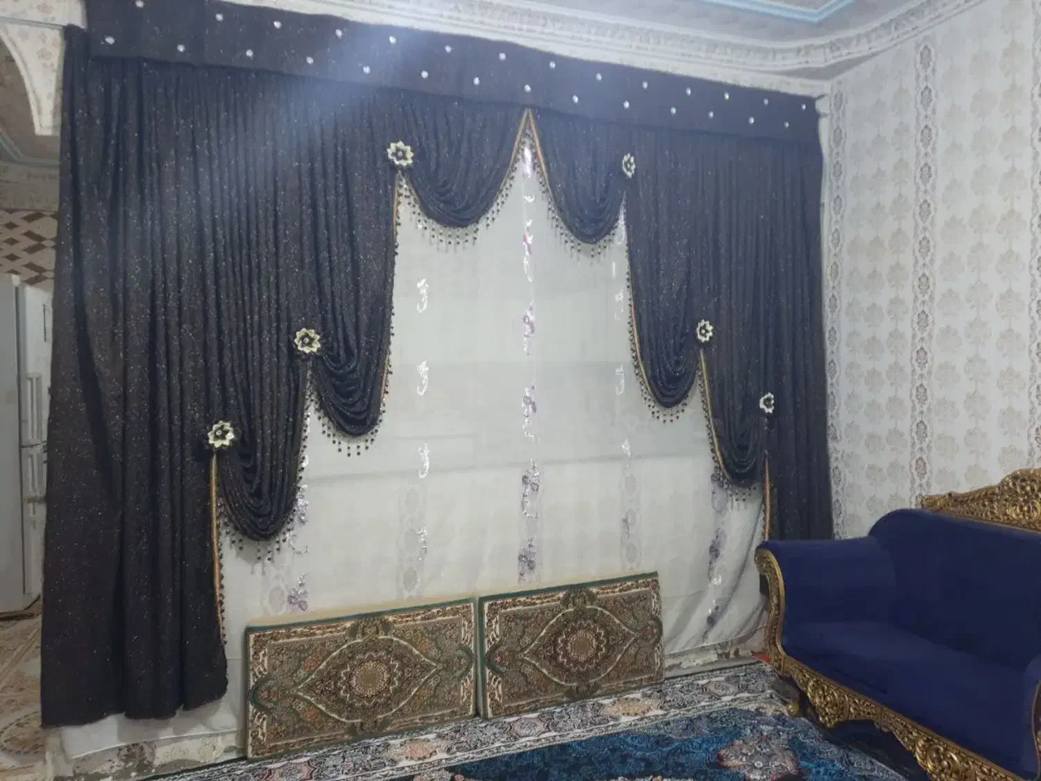 پرده سلطنتی ۲تیکه همراه با کتیبه و پرده حریر|پرده، رانر، رومیزی|زابل, |دیوار