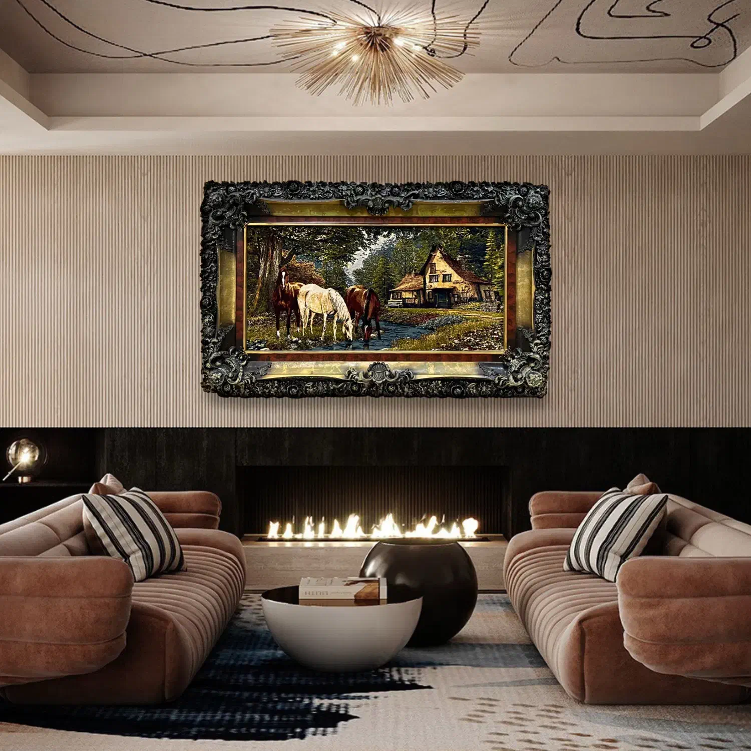 تابلو فرش ماشینی طرح کلبه و اسب|تابلو فرش|ساری, |دیوار