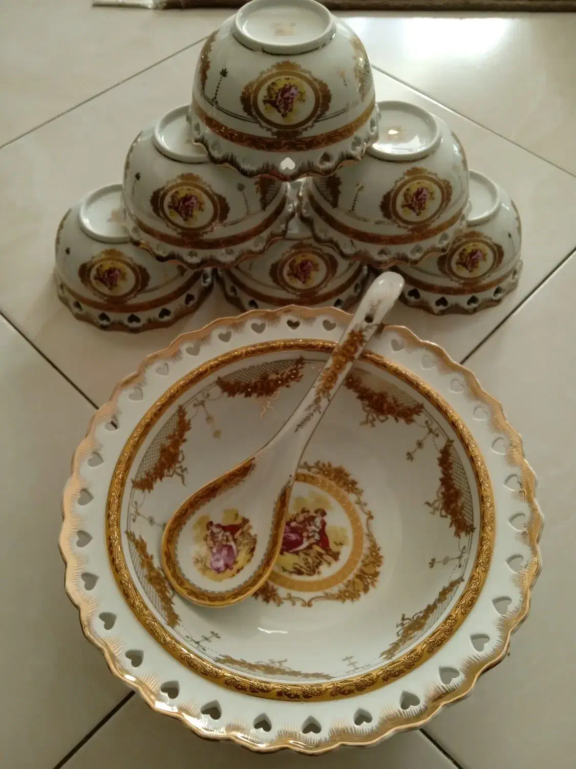 آجیل خوری هشت پارچه طلاکوب لیلی و مجنون لمونژ|ظروف سرو و پذیرایی|اصفهان, باغ زیار|دیوار