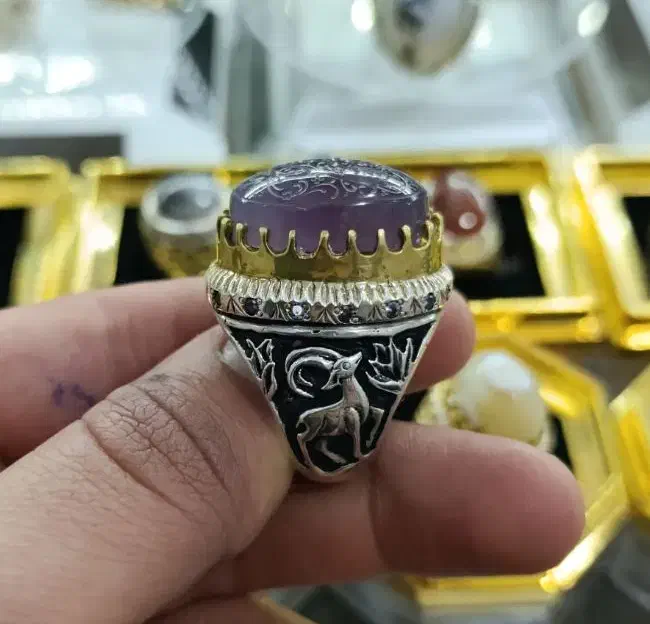 انگشتر نقره کلکسیونی قلمزنی با عقیق سوسنی حکاکی|بدلیجات|لنجان, |دیوار