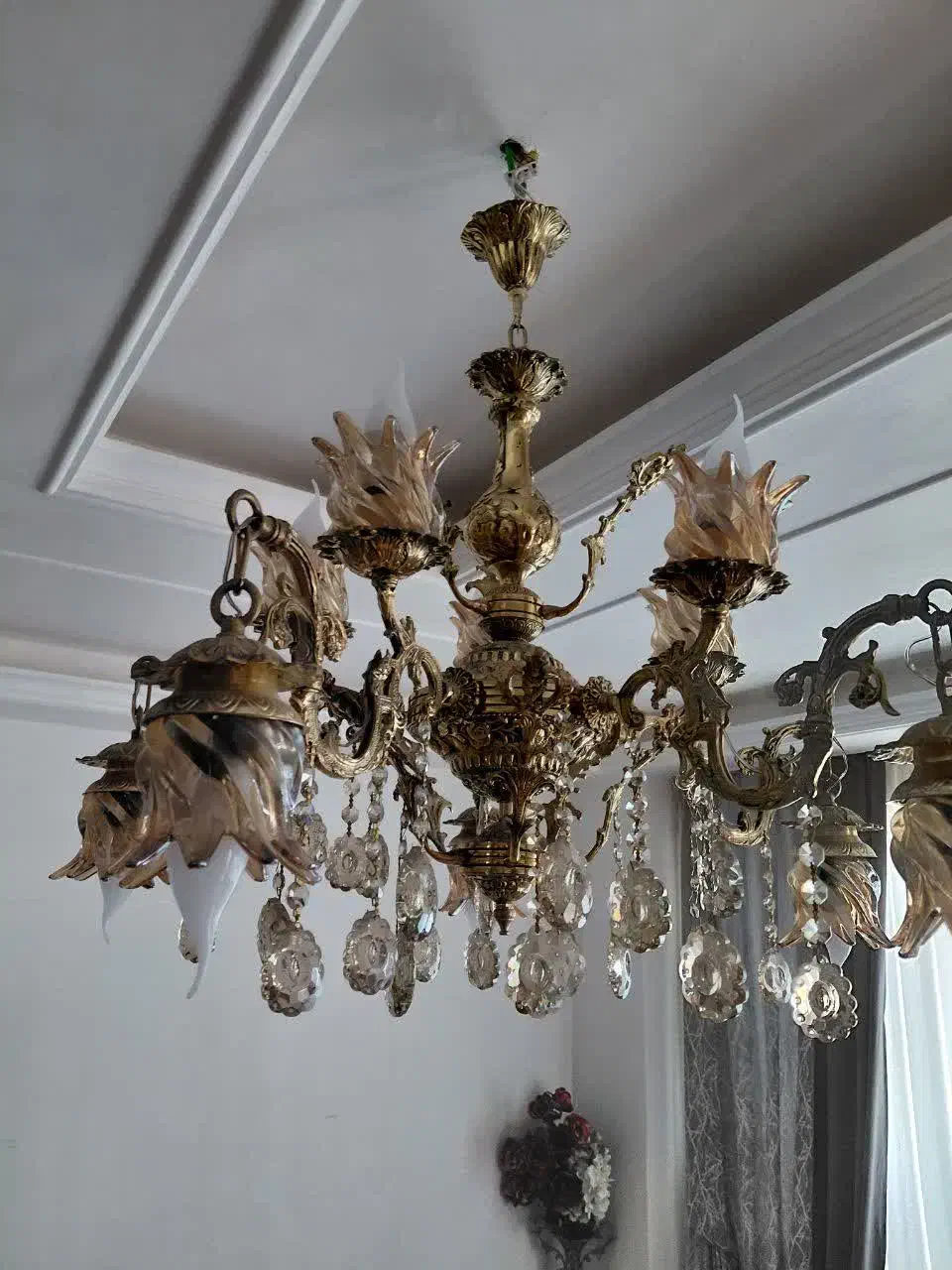 لوستر پنج شاخه لاله واژگون برنز|لوستر و چراغ آویز|ملایر, |دیوار