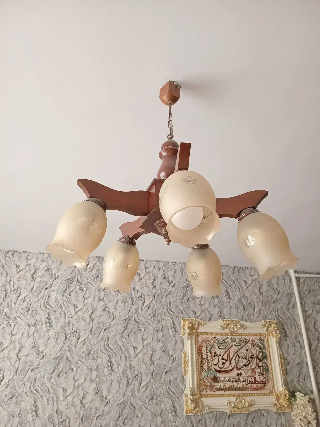 لوستر چوبی ۵ شاخه و دیوار کوب مدل خودش ۴ عدد|لوستر و چراغ آویز|تهران, آهنگ|دیوار