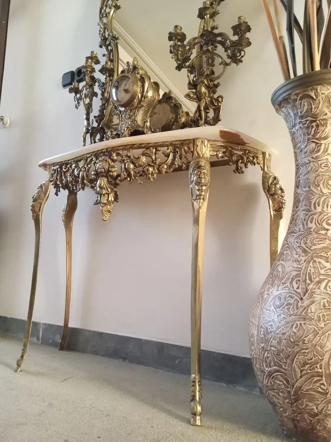 آینه کنسول جاشمعی ساعت برنجی قدیمی|مبلمان خانگی و میز عسلی|لاهیجان, شیشه گران|دیوار