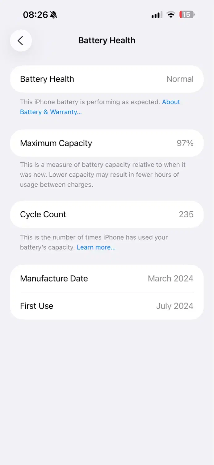 iphone 15 pro max zaa باطری ۹۷|موبایل|اهواز, فاز ۲ پادادشهر|دیوار