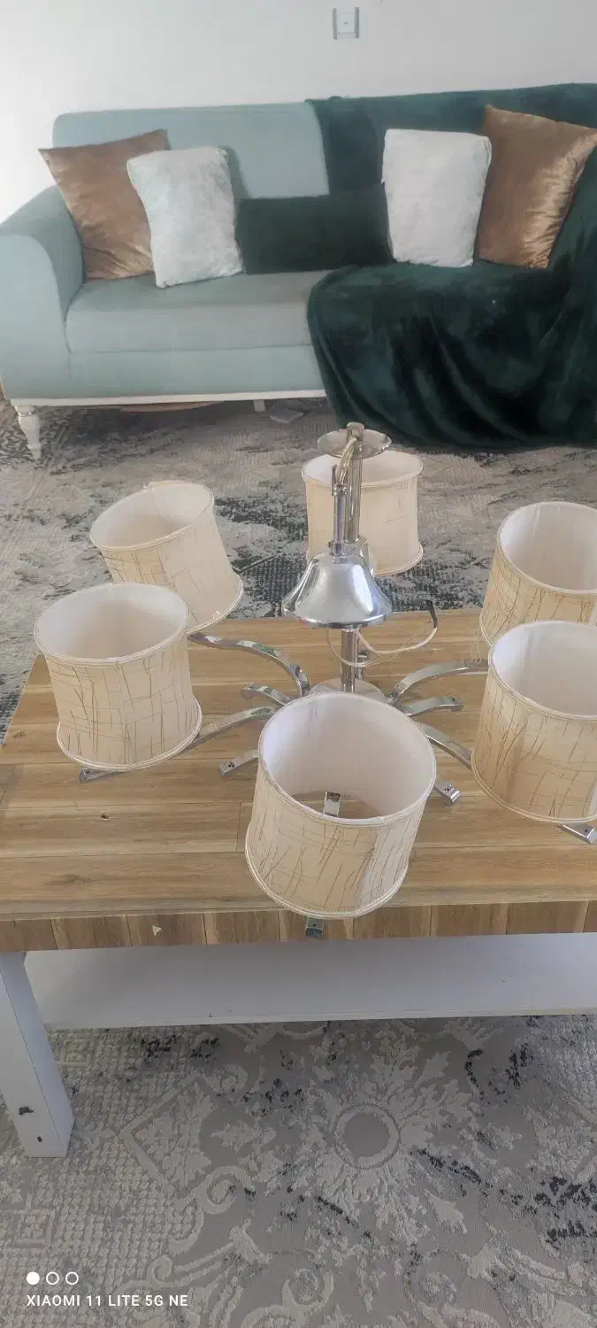 لوستر ۶شعله متحرک استیل براق و شید کرم طلایی|لوستر و چراغ آویز|چهارباغ, |دیوار