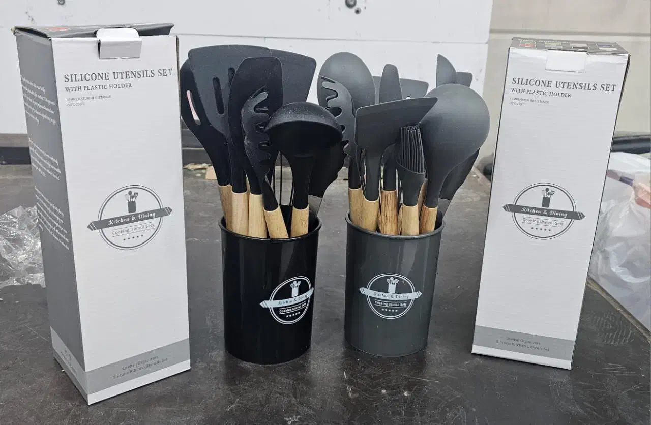 ست ۱۲ تکه کفگیر و ملاقه سیلیکونی بامبو|ظروف پخت‌وپز|سیرجان, |دیوار