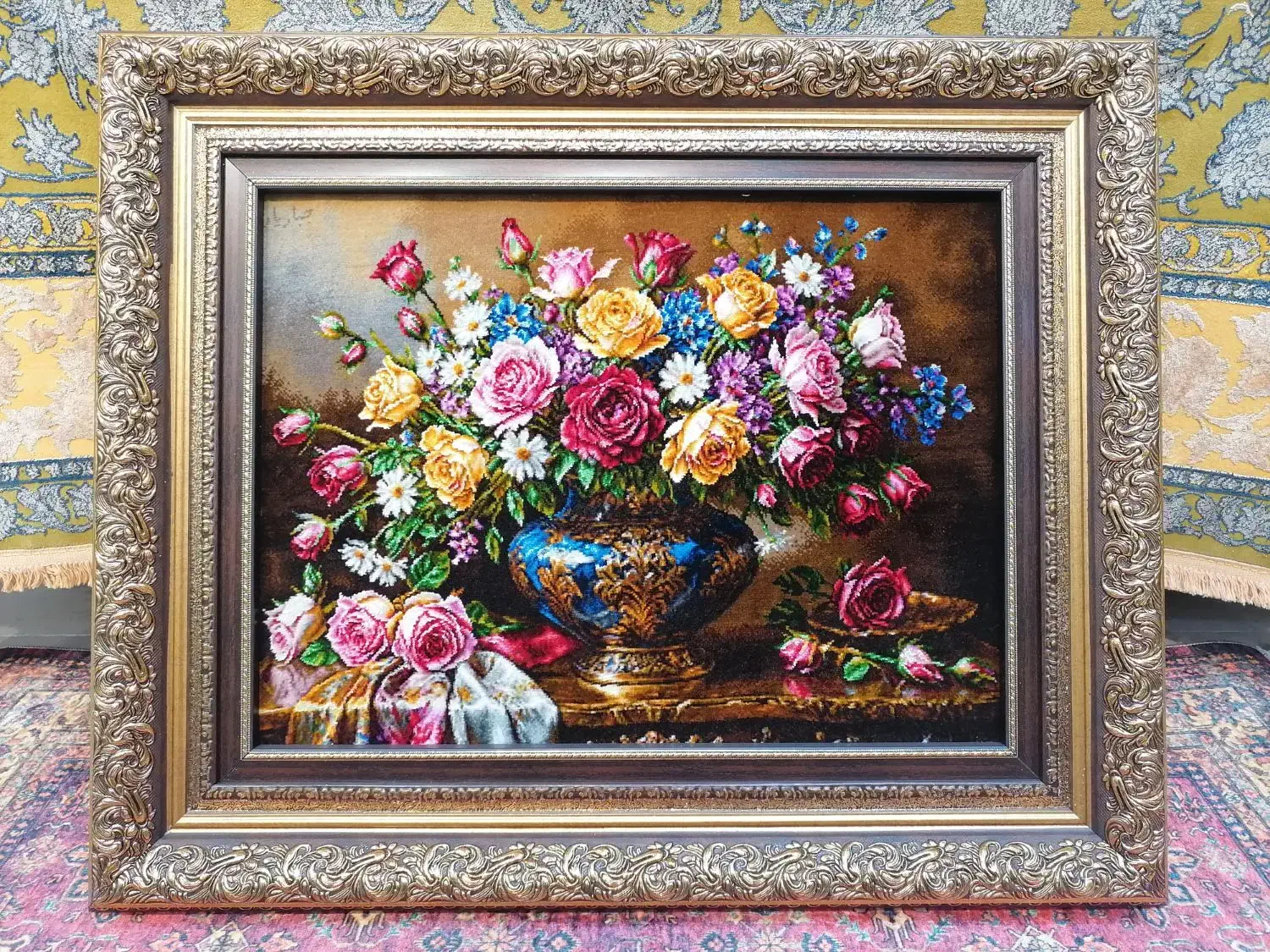 تابلو فرش گل سلطنتی چله ابریشم|تابلو فرش|کرمانشاه, |دیوار