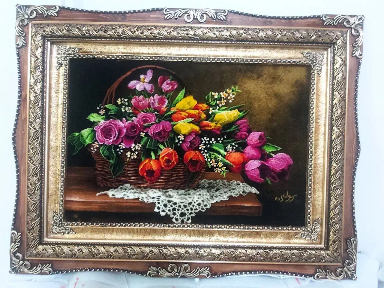 تابلو گل تاج کد 23 دستبافت و ابریشم دار|تابلو فرش|تبریز, |دیوار