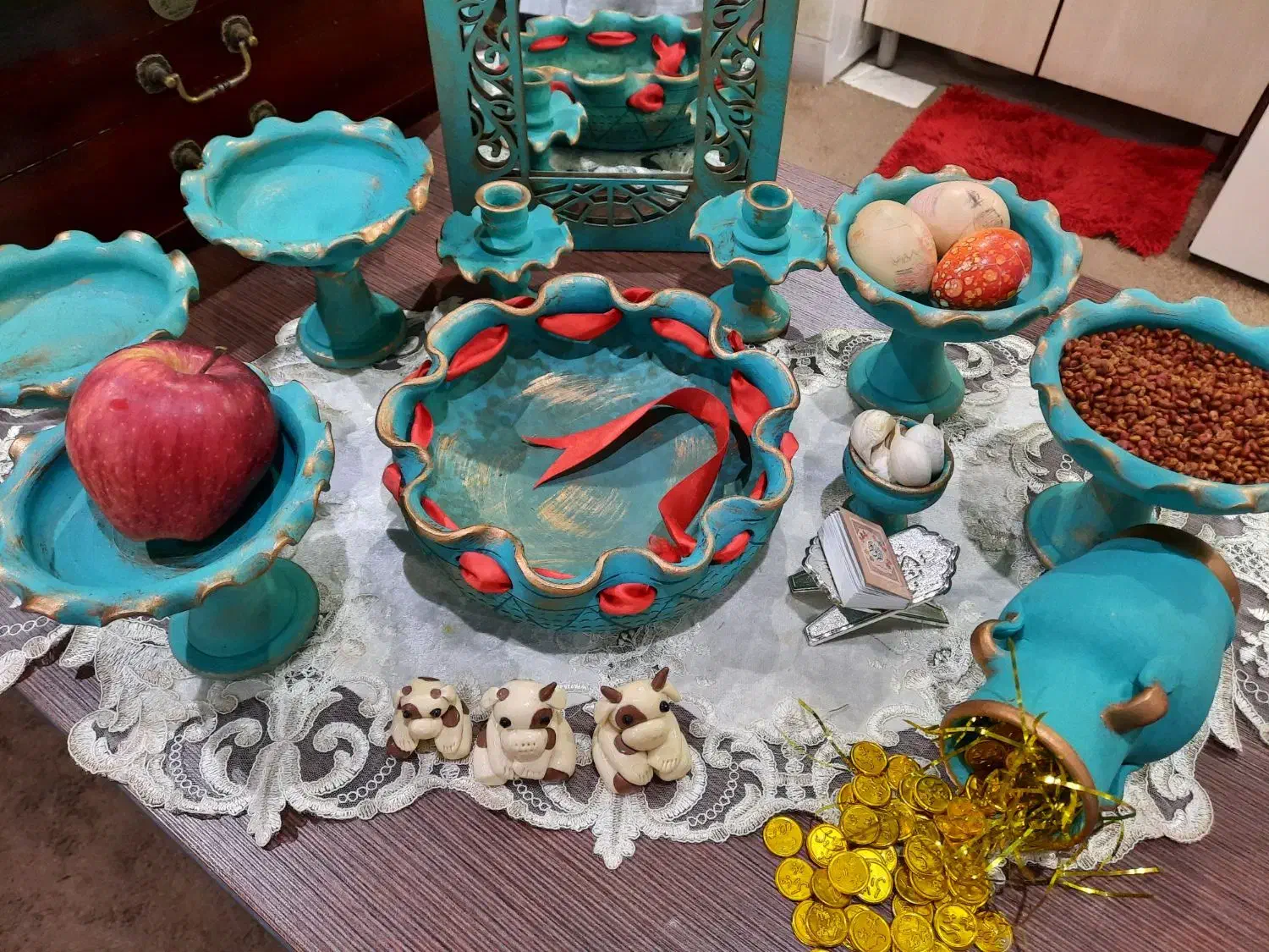 ست هفت سین شب چله ای سفالی آینه پتینه کاری نو|صنایع دستی و سایر لوازم تزئینی|تهران, مینای جنوبی|دیوار