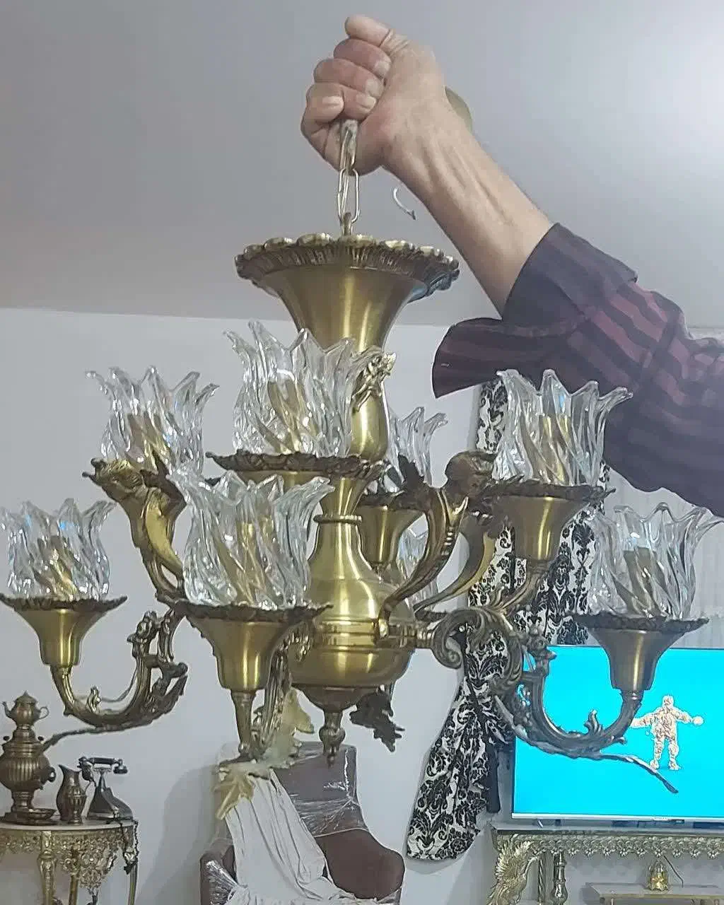 لوستر تمام برنج هشت شاخه دوبله|لوستر و چراغ آویز|گلپایگان, |دیوار