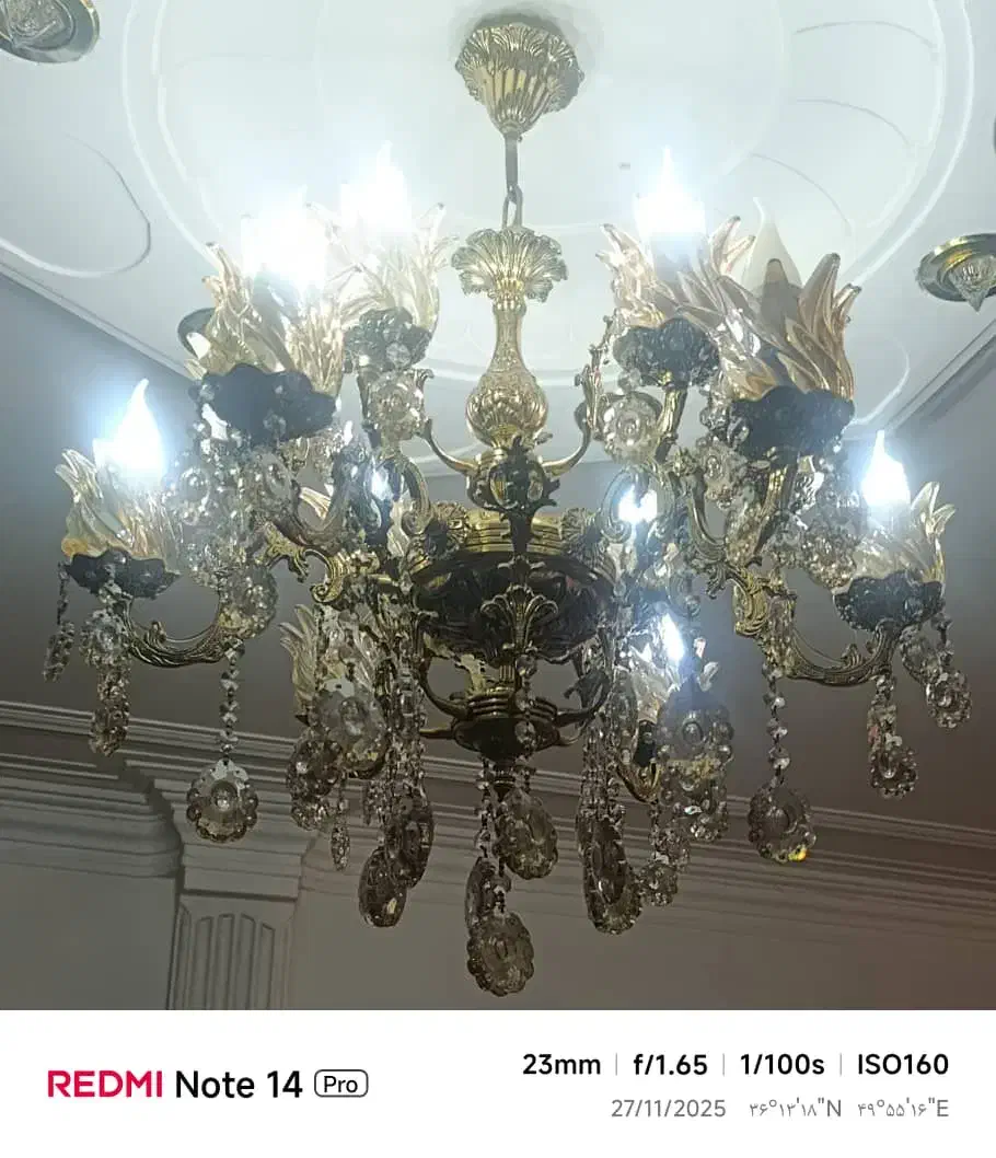 لوستر 6 شاخه برنجی با لامپ|لوستر و چراغ آویز|اقبالیه, |دیوار