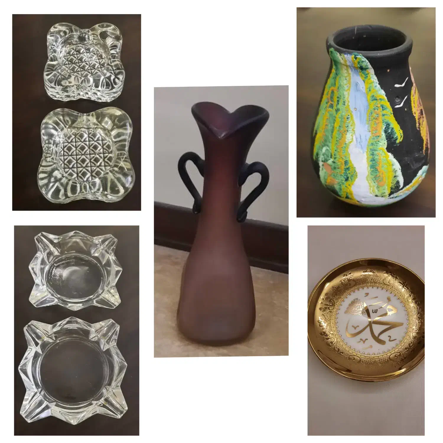 زیرسیگاری کریستال، گلدان سفالی و آبگینه،نعلبکی|کلکسیون اشیاء عتیقه|تهران, نیروی هوایی (پیروزی)|دیوار