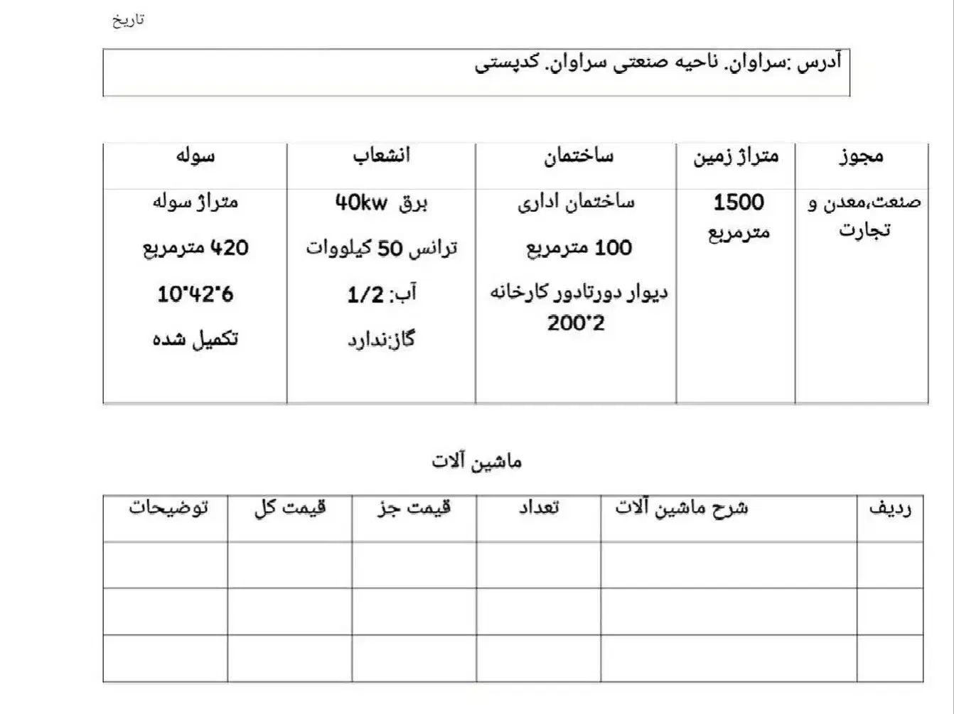 کارخانه/واحد/زمین صنعتی۱۵۰۰ متر ناحیه صنعتی سراوان|فروش دفتر صنعتی، کشاورزی، تجاری|سراوان, |دیوار