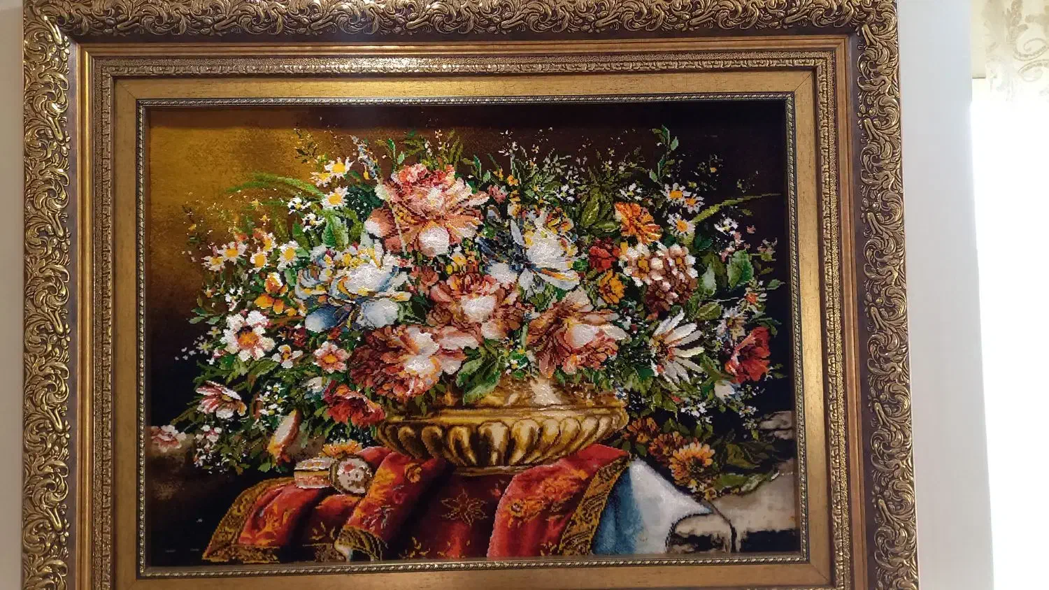 تابلو فرش دستبافت گلدان مسی|تابلو فرش|تهران, شکوفه|دیوار