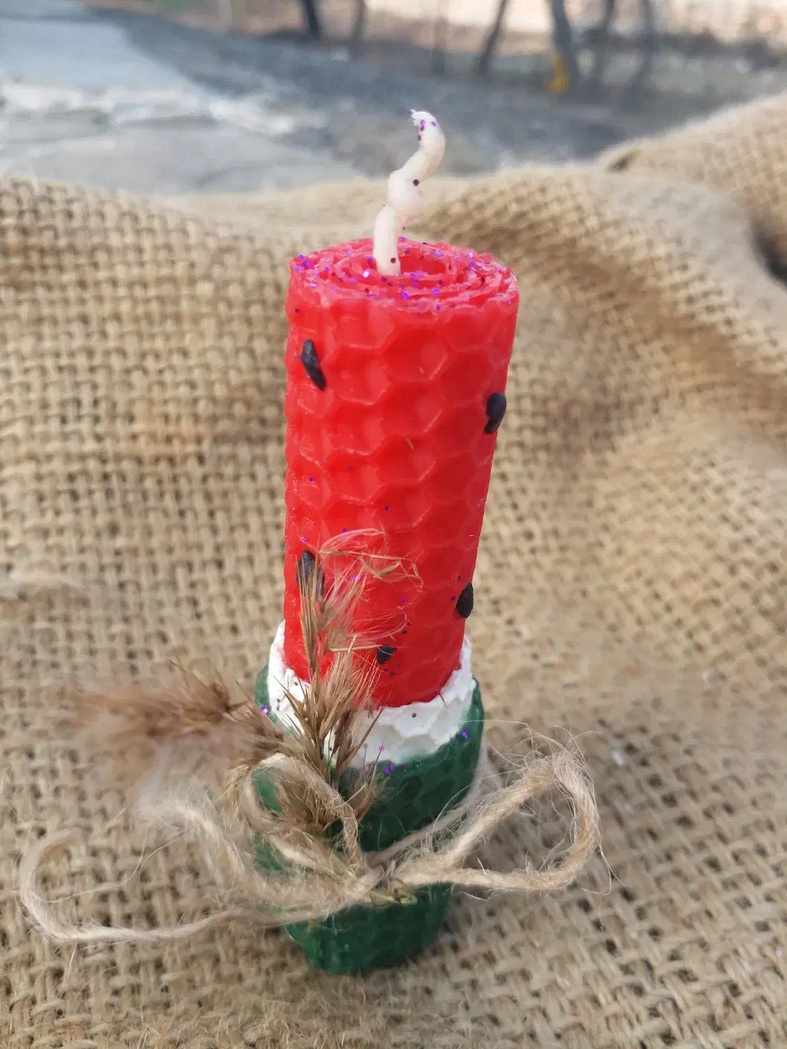 شمع موم عسلی مدل استوانه طرح هندوانه|صنایع دستی و سایر لوازم تزئینی|پارسآباد, |دیوار