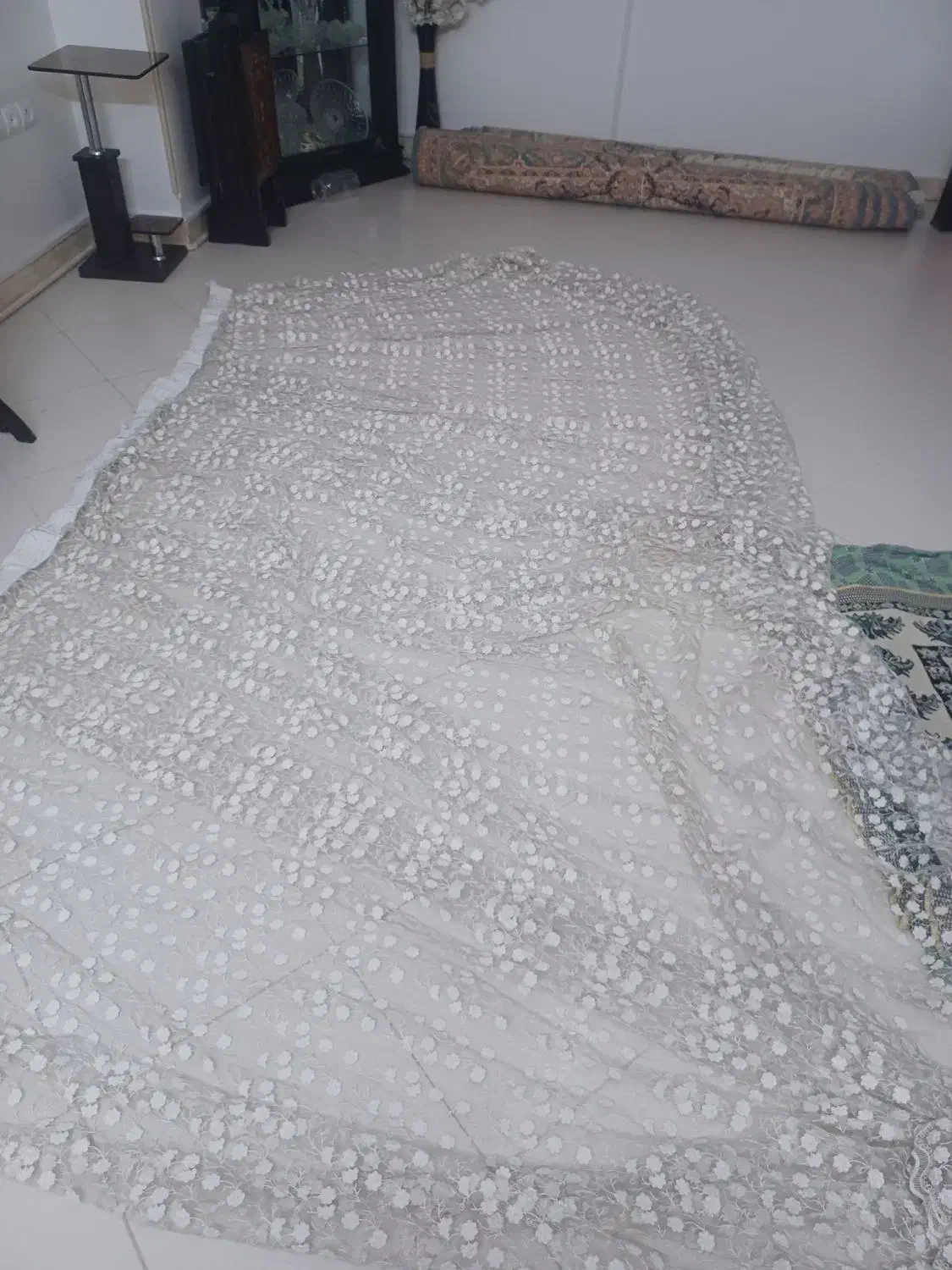 پرده گیپور مدل شکوفه با کتیبه|پرده، رانر، رومیزی|سمنان, |دیوار