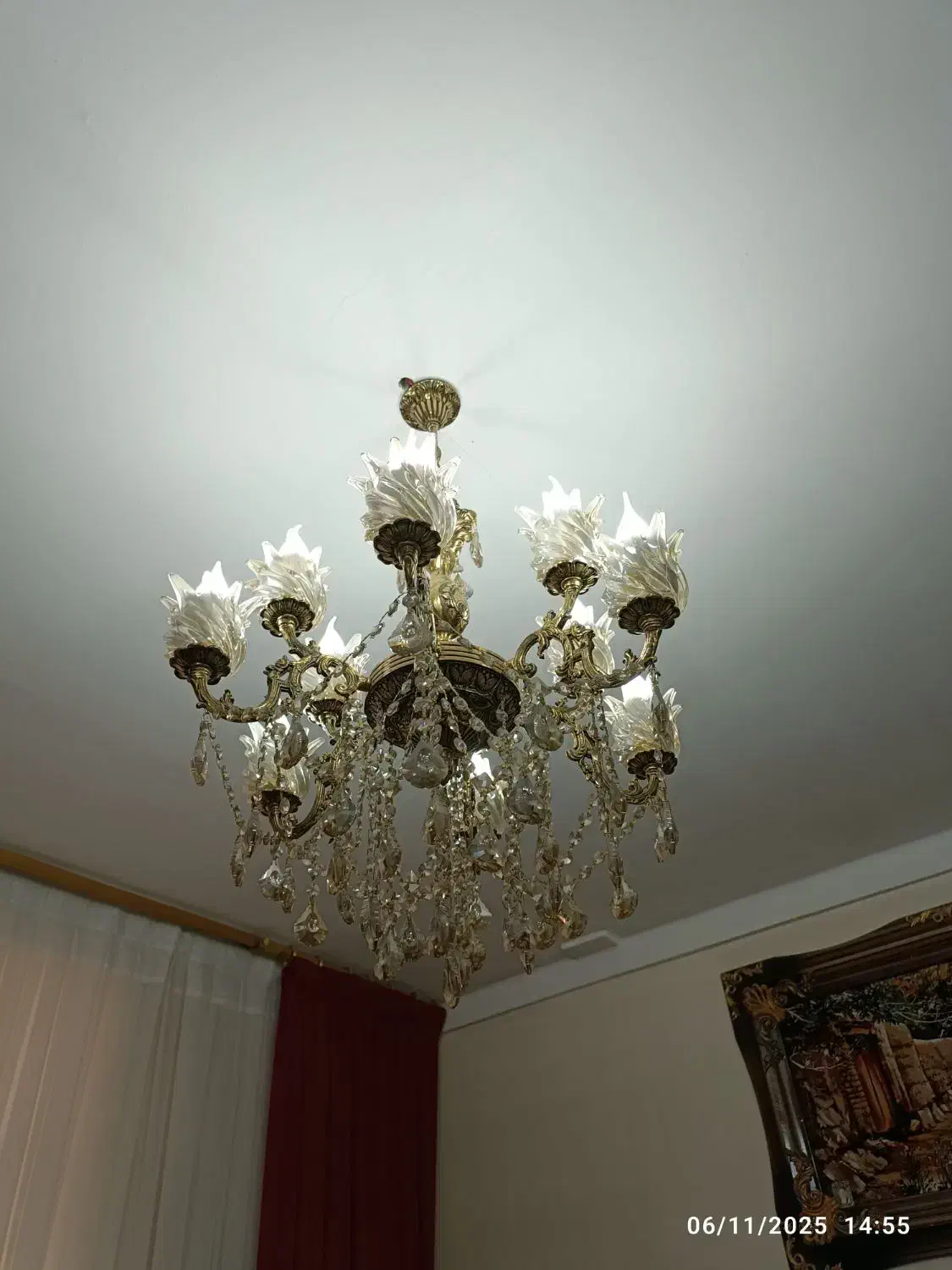 لوستر برنزی شش شاخه دوازده شعله|لوستر و چراغ آویز|قزوین, |دیوار