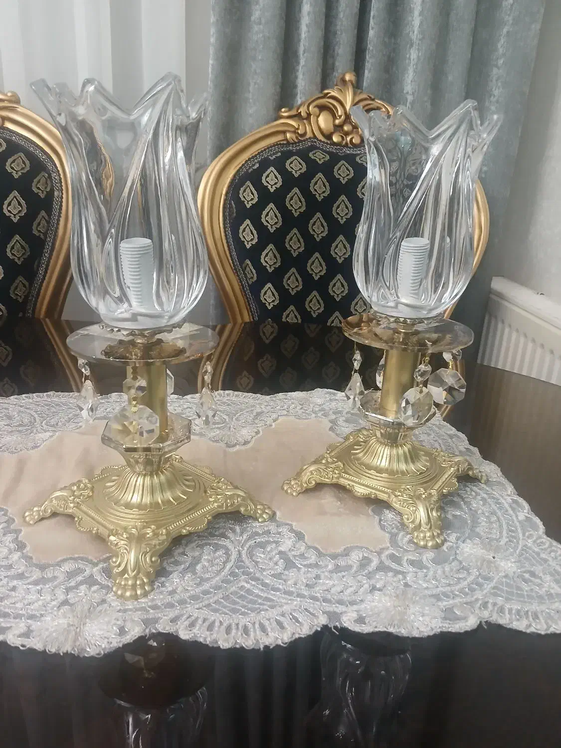 شمعدان پایه برنزی با کریستال‌های اصل|لوستر و چراغ آویز|تبریز, |دیوار