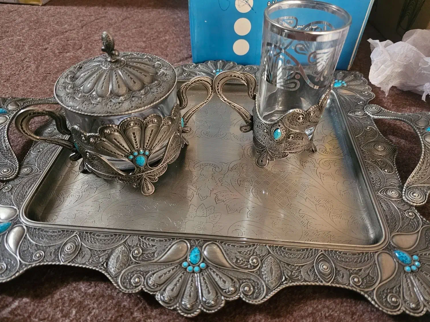 ست سینی ولیوان وقندان پیوتر تاجی نگین دار (نو)|ظروف سرو و پذیرایی|قم, محمد آباد|دیوار