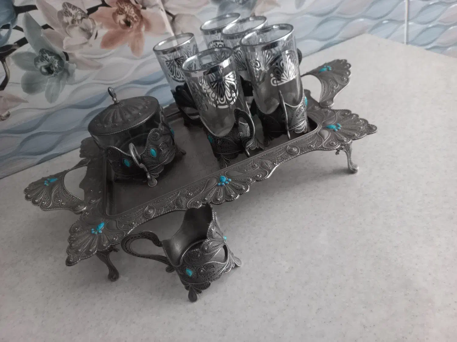 سینی و استکان قندان پیوتر اصل|ظروف سرو و پذیرایی|همدان, |دیوار