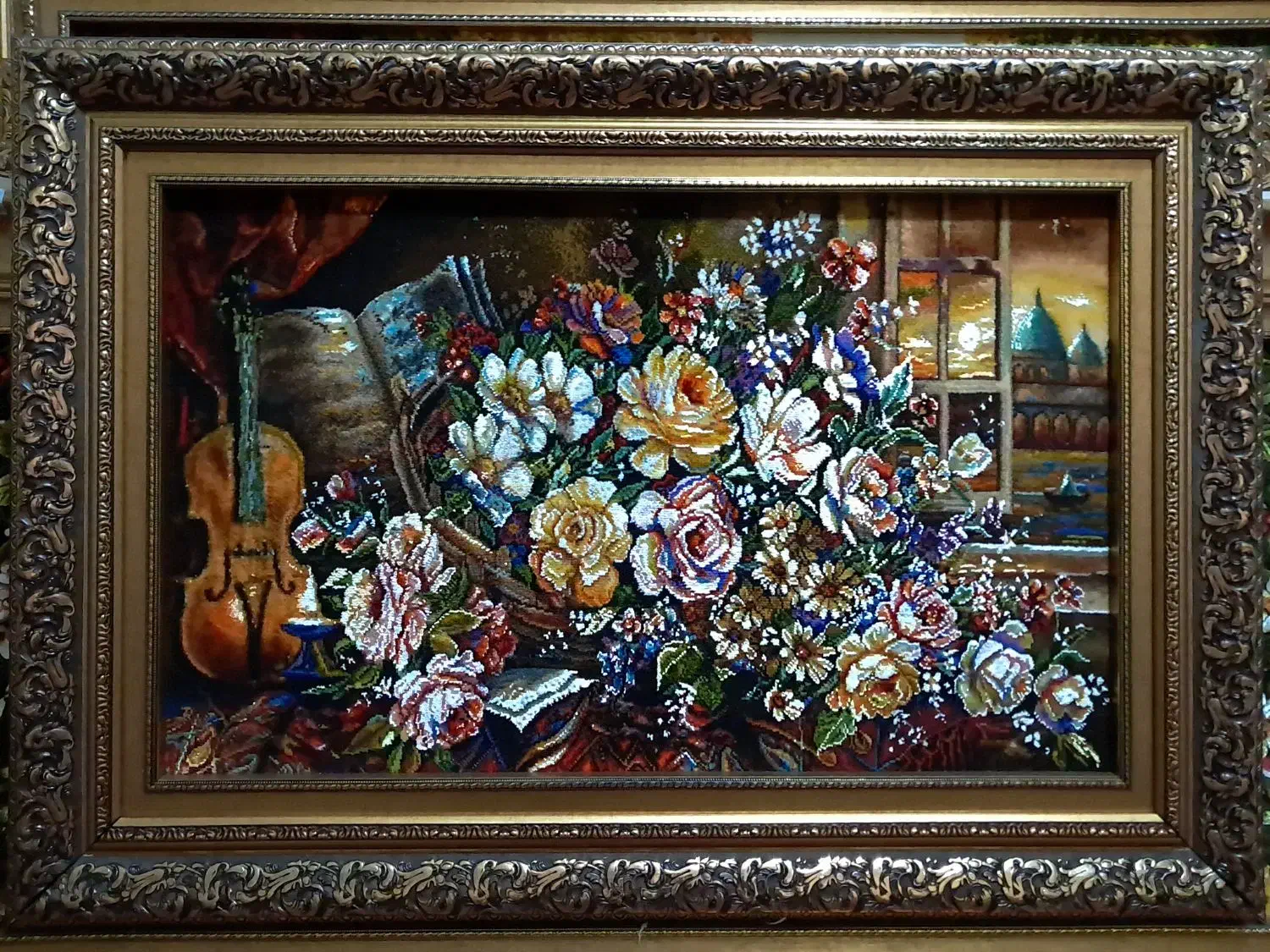 تابلوفرش دستبافت/تابلو فرش گلدان ویالون|تابلو فرش|تهران, استاد معین|دیوار