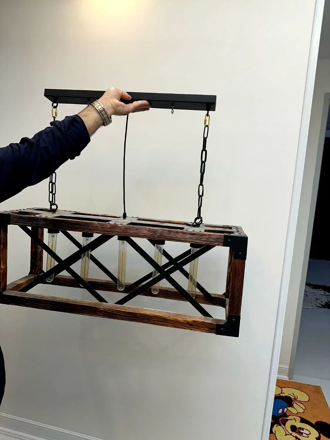 لوستر مدرن ترکیب چوب و فلز|لوستر و چراغ آویز|تبریز, |دیوار