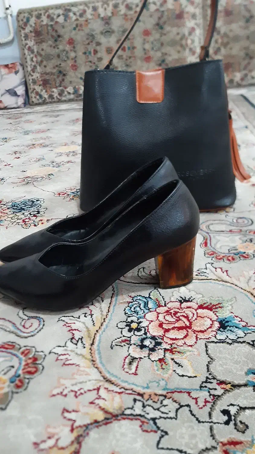 کفش چرم پاشنه چوبی سایز۳۹ وکیف ست خودش|کیف، کفش، کمربند|کرمانشاه, |دیوار