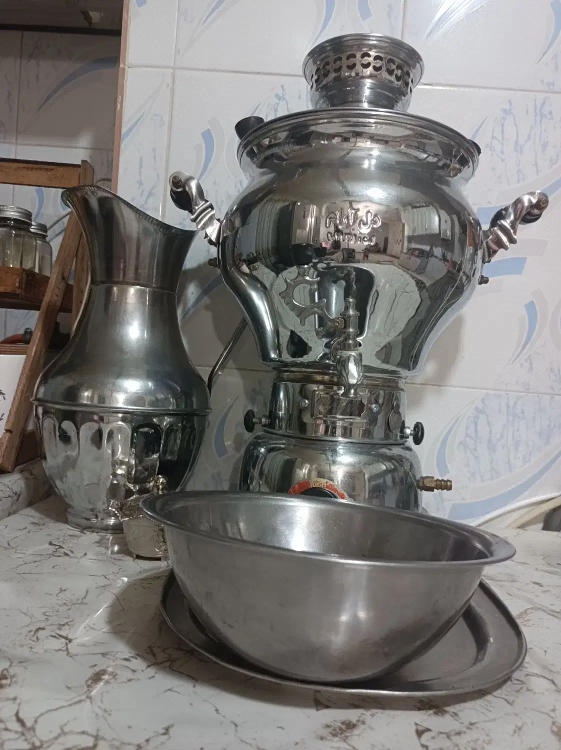 سماورگازی به همراه پارچ وکاسه وسینی وقندان|سماور، چای‌ساز، قهوه‌ساز|الوند, |دیوار