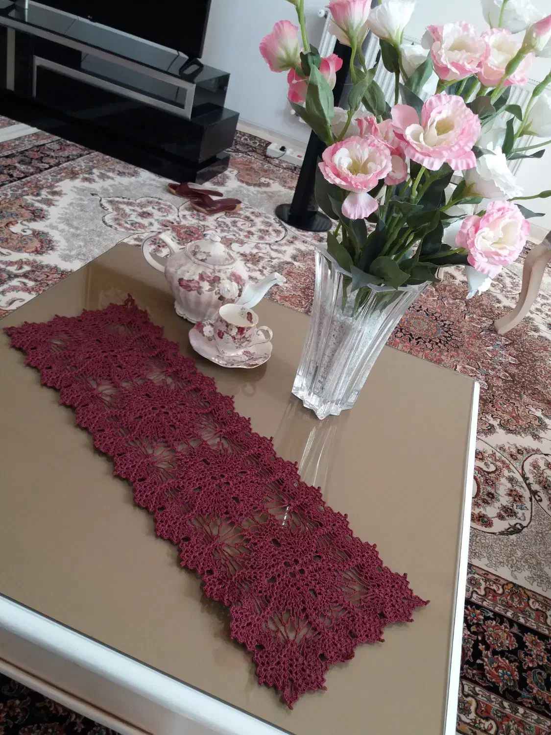 انواع رومیزی بافتنی ، زیر لیوانی، لیف|پرده، رانر، رومیزی|میبد, |دیوار