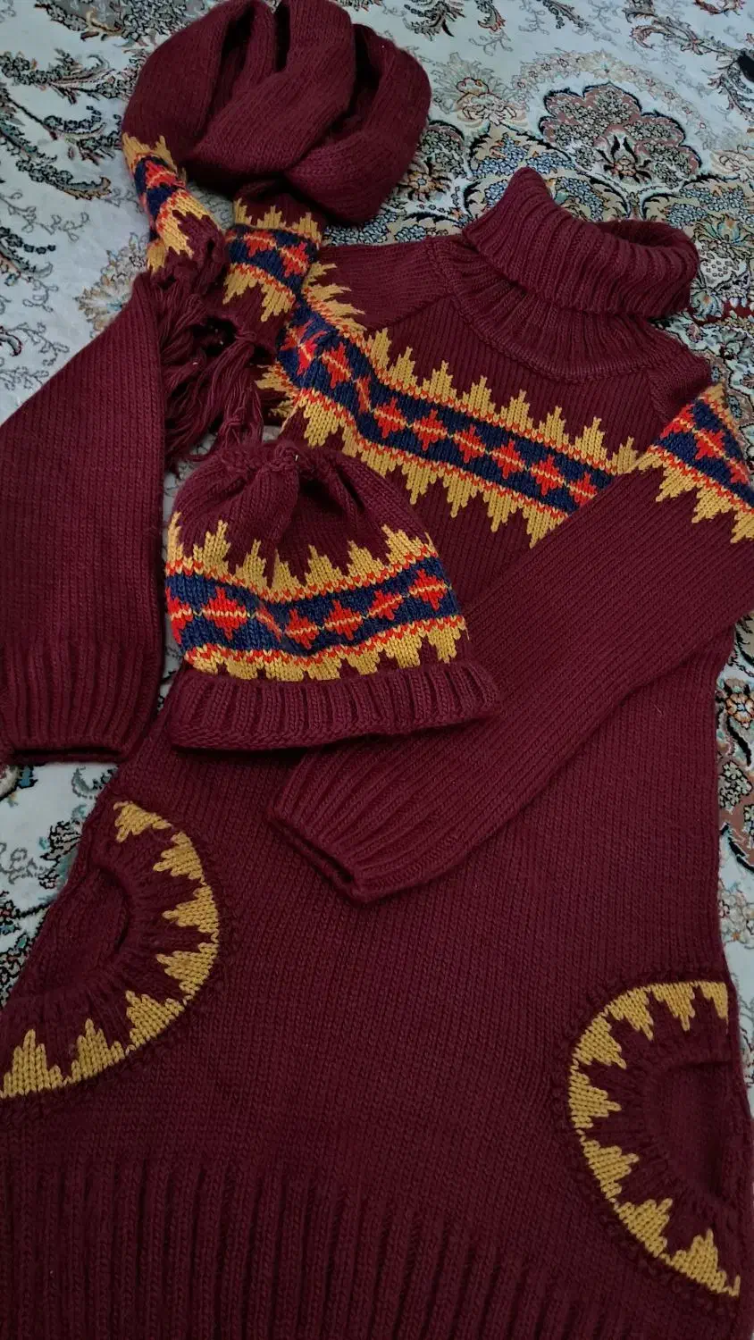 بافت یقه شل با کلاه و شال ست|لباس|ری, علایین|دیوار