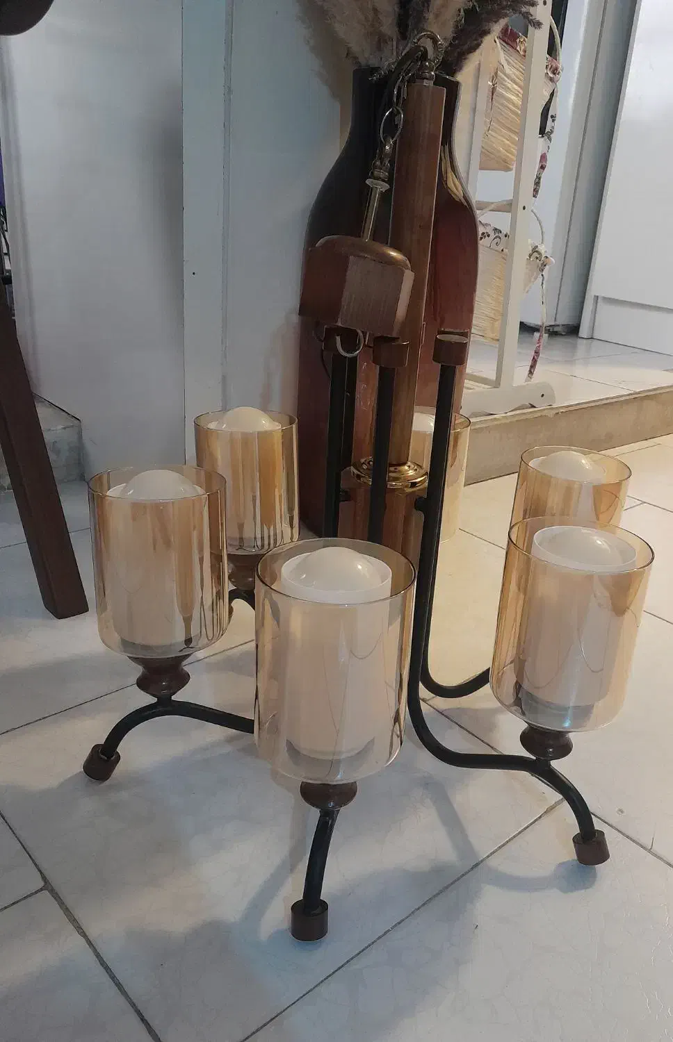 لوستر چوبی ۶ شاخه|لوستر و چراغ آویز|کرج, باغستان|دیوار