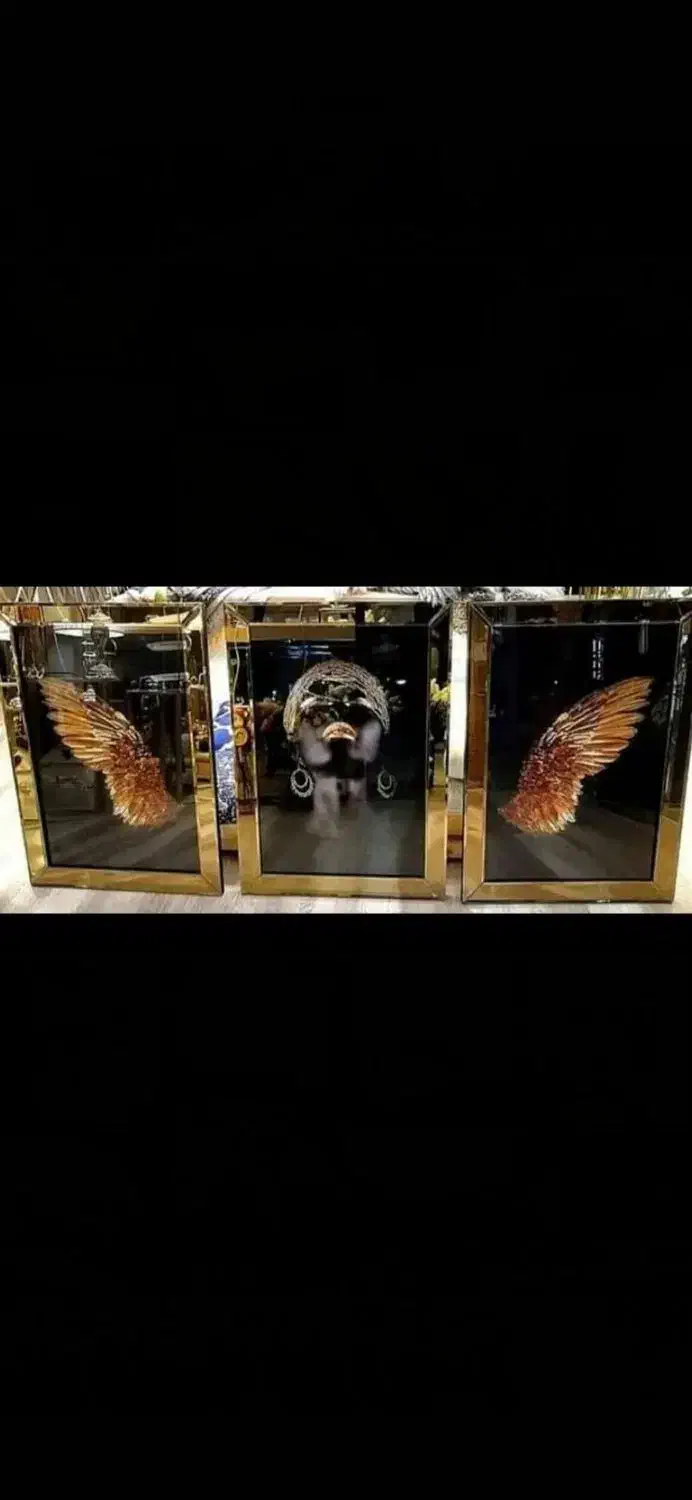 تابلو۳تیکه طرح دختر سیاه پوست و بال فرشته طلایی|تابلو، نقاشی، عکس|خلخال, |دیوار