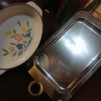 سینی استیل قدیمی وجامرغی سرامیکی