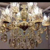 لوستر برنزی پنج شاخه دوبل با لاله پیچ و کریستال