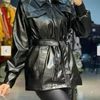 مانتو چرم زنانه مشکی کمربندار کت چرم جیبدار