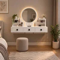 میز آرایش دیواری شلفی معلق، با آینه گرد بک‌لایت