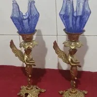 شمعدان برنزبرنجی سه جفت قدیمی باشیشهای اصل کریستال