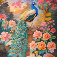 تابلو نقاشی آبرنگ طرح طاووس