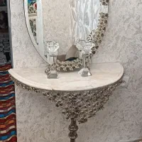 آینه و شمعدان برنز بوفه چوبی و ساعت پلی استر