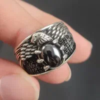 انگشتر نقره مردانه 925 طرح عقاب با عقیق مشکی