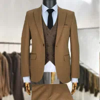 کت شلوار قهوه ای دامادی جلیقه دورو کد 1104