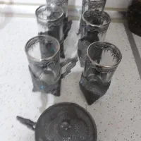 ظروف قدیمی  قوری  گل مرغ استکان پیوتر هاونگ